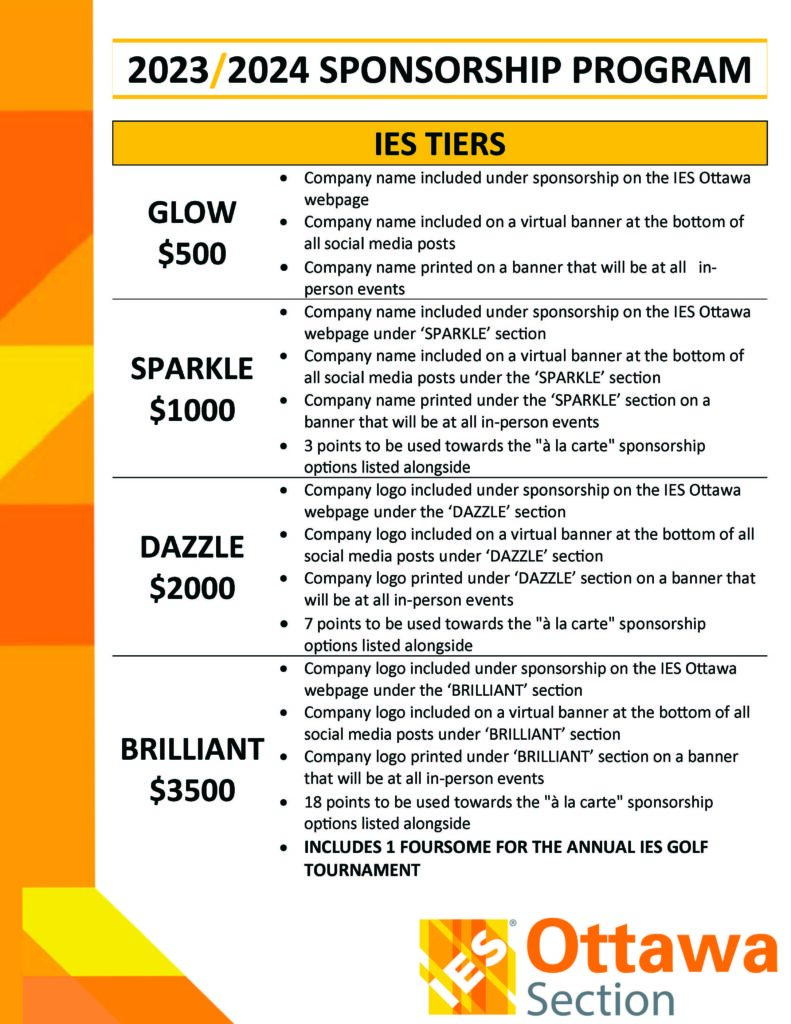 IES Ottawa Sponsorship Program - Tier details - Glow $500, Sparkle $1000, Dazzle $2000, Brilliant $3500